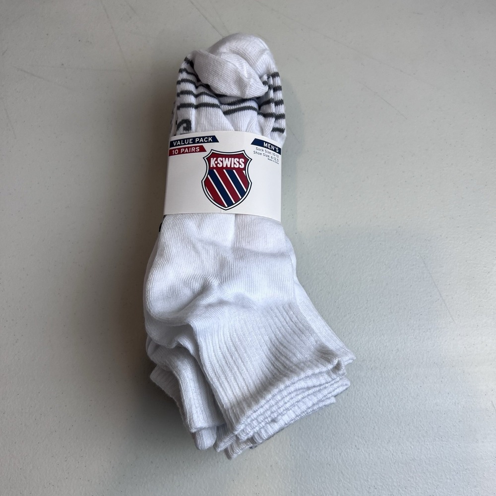 Men's K.Swiss 10 Pairs Mid Cut Socks Shoe Size 6-12.5 K-Nit NEW White Black Gray